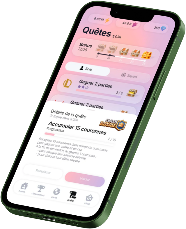 Application eimdal affichant les quêtes quotidiennes et les récompenses